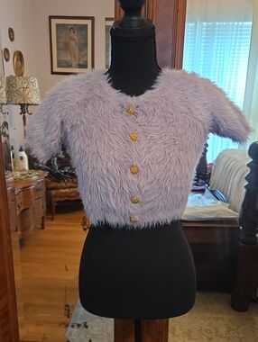 Lavender/Gray Faux-Fur Short Sleeve Cardigan with Gold Buttons